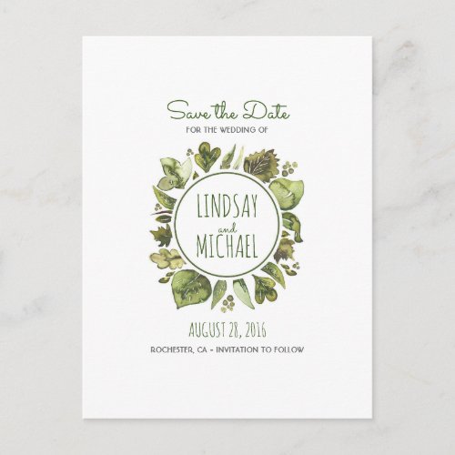 Watercolor Laurel - Greenery Wreath Save the Date Announcement Postcard - Modern and whimsical watercolor laurel - greenery wreath save the date postcards