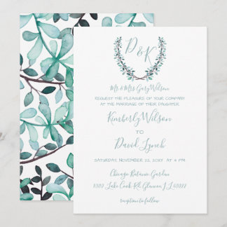 Watercolor Laurel Leave Monogram Wedding Invitation