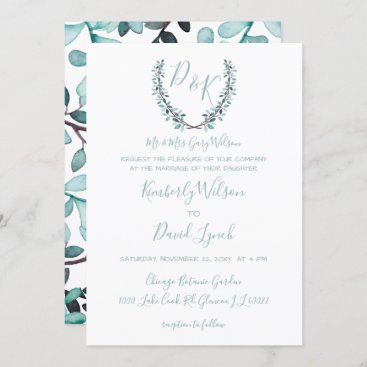 Watercolor Laurel Leave Monogram Wedding Invitation