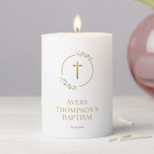 Watercolor Laurel leaves Gold Cross Custom Baptism Pillar Candle