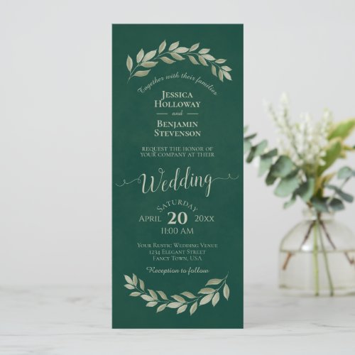 Watercolor Laurel Leaves on Emerald Green Wedding Invitation