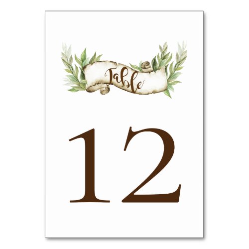 Watercolor Laurel Leaves Rustic Scroll Banner Table Number