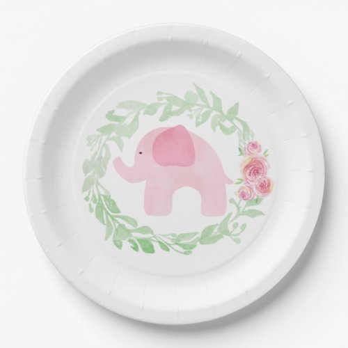 Watercolor Laurel Pink Elephant Baby Boy Shower Paper Plates