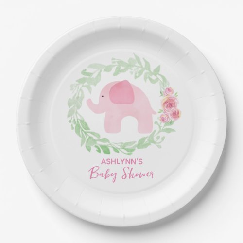 Watercolor Laurel Pink Elephant Baby Girl Shower Paper Plates