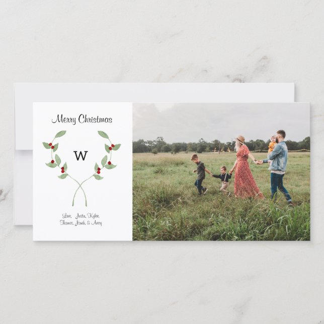 Watercolor Laurel & Plaid Photo Christmas Card (Front)