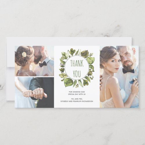 Watercolor Laurel Wreath Greenery Thank You - Watercolor laurel - greenery rustic wedding photo cards with 3 photos from your special day