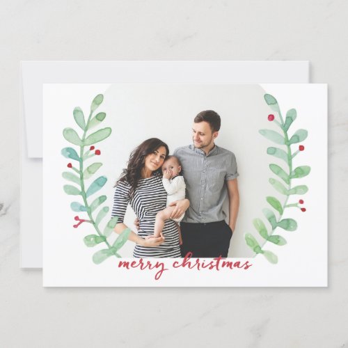 Watercolor Laurel Wreath Merry Christmas Photo Holiday Card