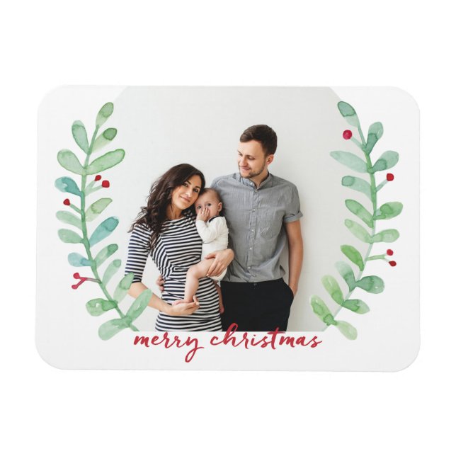 Watercolor Laurel Wreath Merry Christmas Photo Magnet (Horizontal)