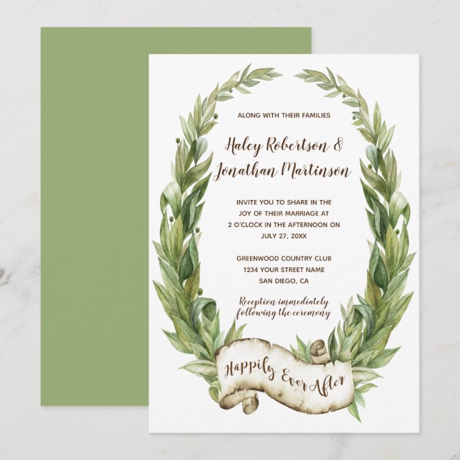 Watercolor Laurel Wreath Scroll Banner Wedding Invitation (Front/Back)