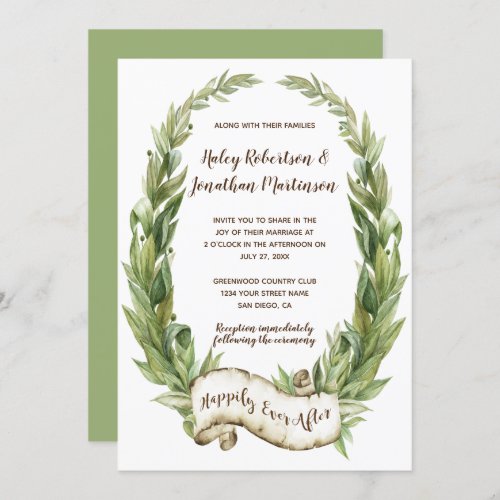 Watercolor Laurel Wreath Scroll Banner Wedding Invitation