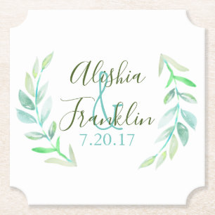 Watercolor Laurels Bride & Groom Wedding Date Paper Coaster