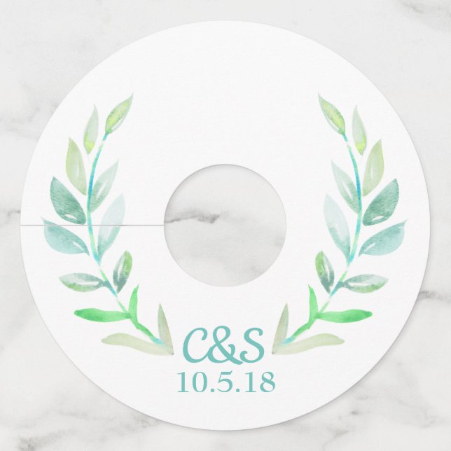 Watercolor Laurels & Couple's Initials Wedding Wine Glass Tag (Front)