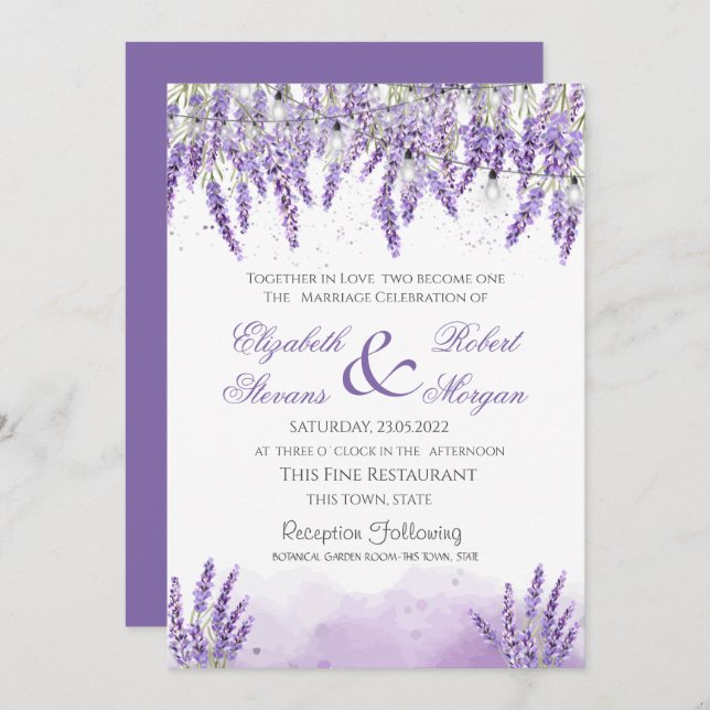 Watercolor Lavander Flowers String Lights Wedding Invitation (Front/Back)