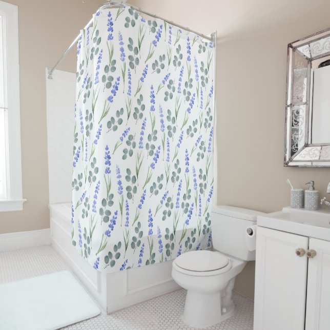 Watercolor Lavender and Eucalyptus Pattern Shower Curtain (In Situ)