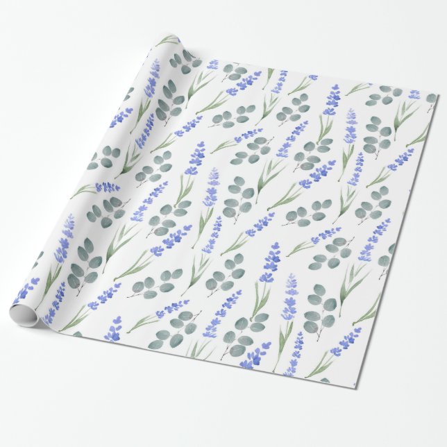 Watercolor Lavender and Eucalyptus Pattern Wrapping Paper (Unrolled)