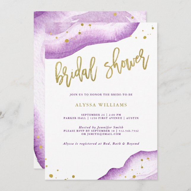 Watercolor Lavender and Gold Geode Bridal Shower Invitation (Front/Back)