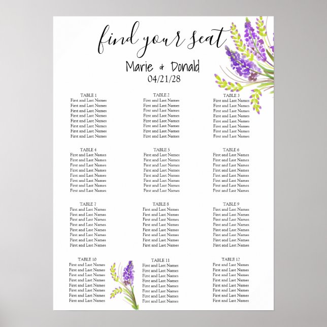 Watercolor Lavender and Green Floral Seating Chart (Front)