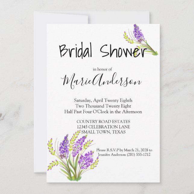 Watercolor Lavender and Green Florals Invitation (Front)