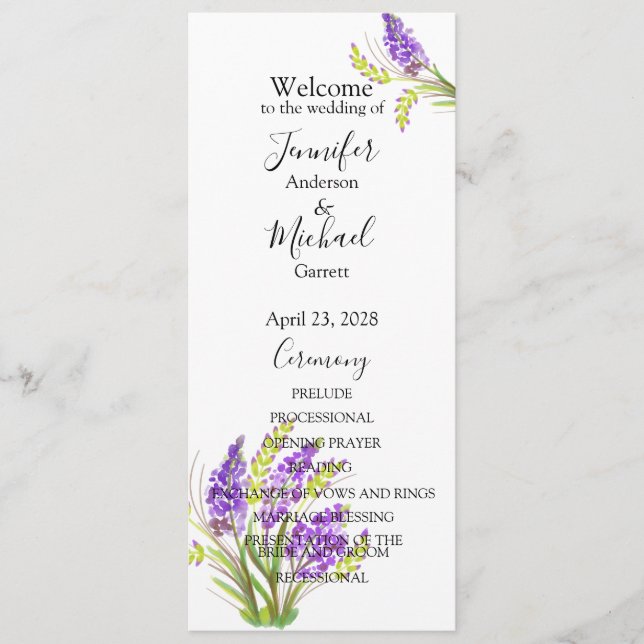 Watercolor Lavender and Green Florals Program (Front)
