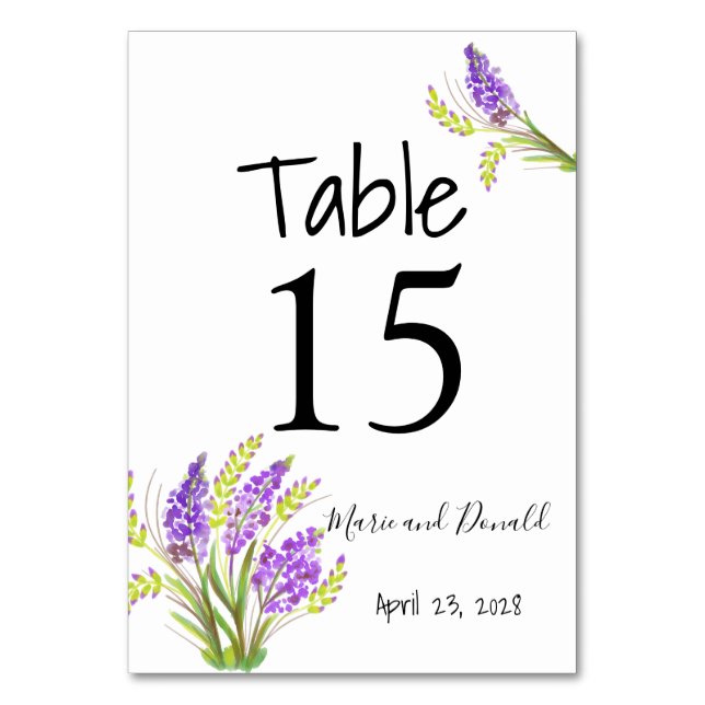 Watercolor Lavender and Green Florals Table Number (Front)