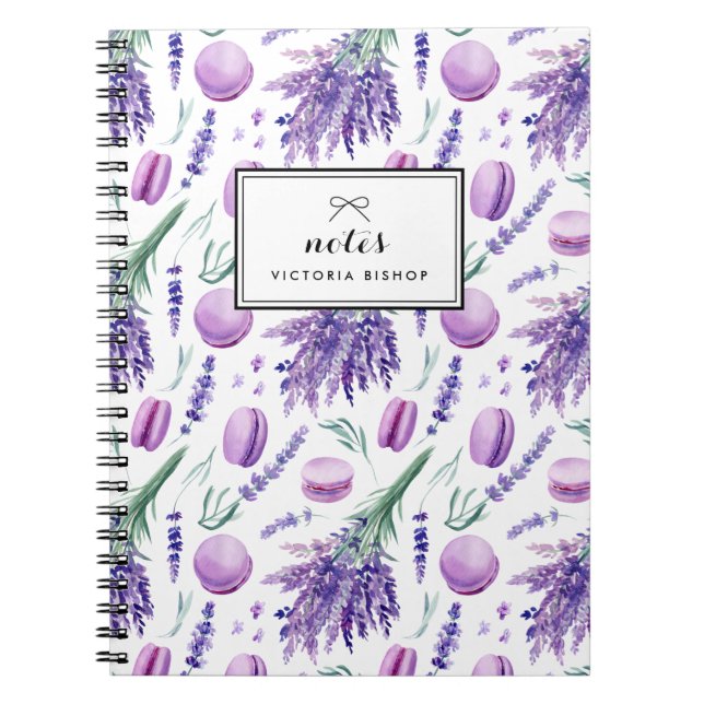 Watercolor Lavender and Macarons Pattern Custom Notebook (Front)