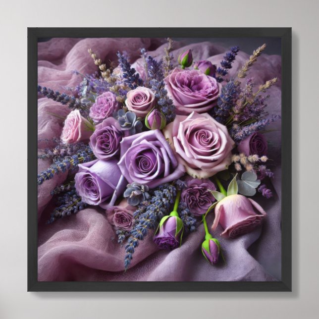 Watercolor lavender and mauve roses on linen framed art (Framed Front)