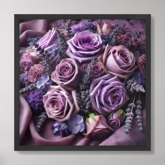 Watercolor lavender and purple roses on linen framed art (Framed Front)