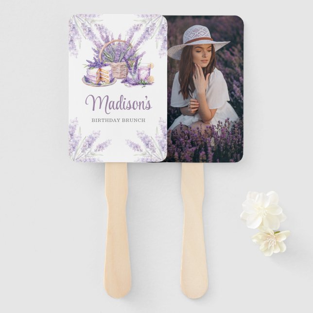Watercolor Lavender Birthday Brunch Custom Photo Hand Fan (Front and Back)
