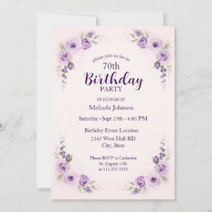 Watercolor Lavender Blush Rose 70th Birthday Invitation