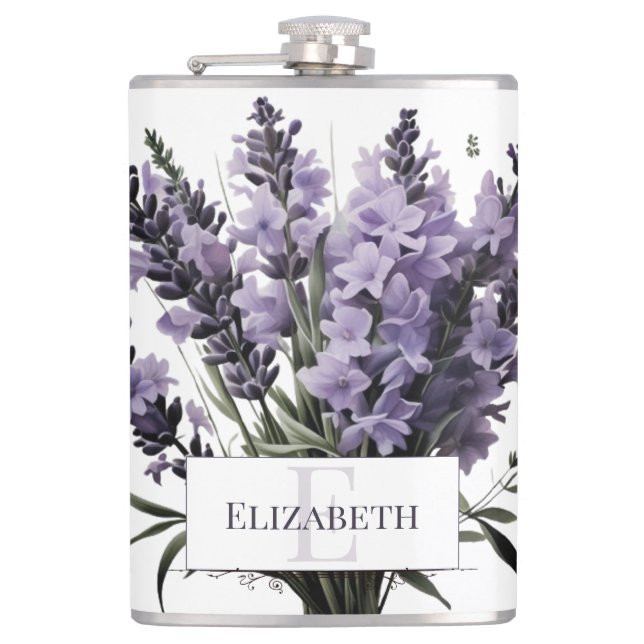 Watercolor Lavender Bouquet Personalized Flask (Front)