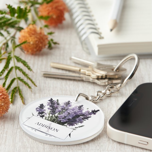 Watercolor Lavender Bouquet Personalized Keychain (Front Right)