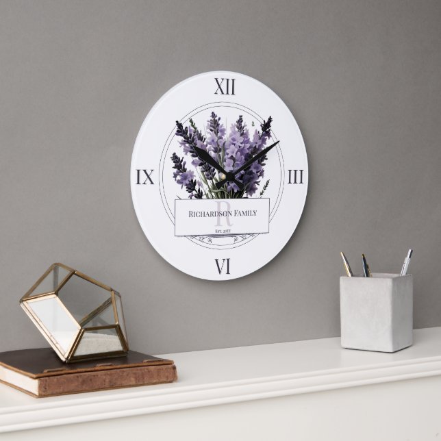 Watercolor Lavender Bouquet Personalized Large Clock (Office)