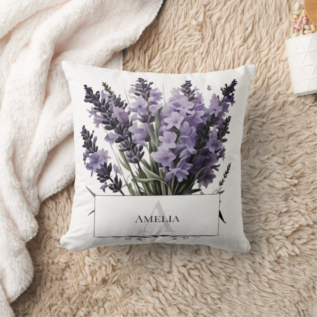 Watercolor Lavender Bouquet Personalized Throw Pillow (Blanket)