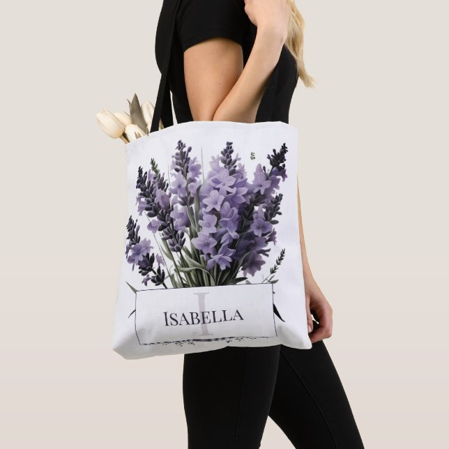 Watercolor Lavender Bouquet Personalized Tote Bag (Close Up)