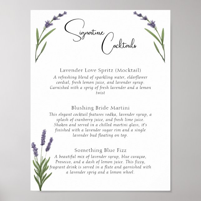 Watercolor Lavender Bridal Signature Drinks Menu Poster (Front)