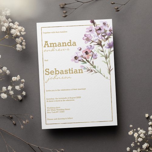 Watercolor lavender brown pink mint floral wedding invitation