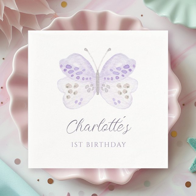 Watercolor Lavender Butterfly 1st Birthday Party Napkins (Creator Uploaded)