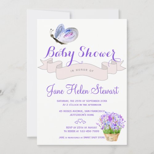 Watercolor lavender butterfly rustic baby shower invitation