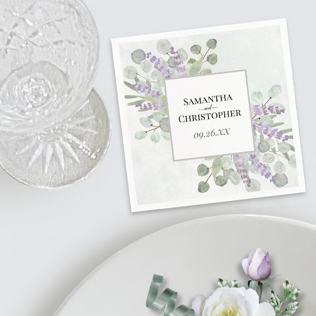 Watercolor Lavender & Eucalyptus Elegant Wedding Napkins (In Situ with Plate)