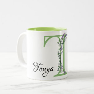 Watercolor Lavender Eucalyptus monogram letter T Two-Tone Coffee Mug