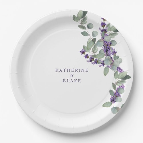 Watercolor Lavender  Eucalyptus Names Wedding Paper Plates