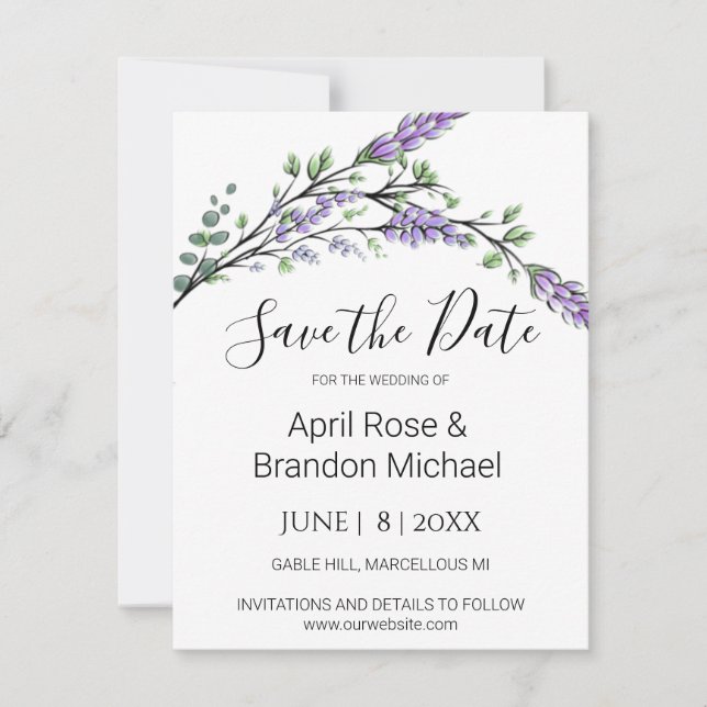 Watercolor Lavender Eucalyptus Save The Date (Front)
