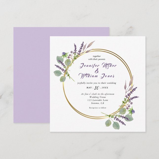 Watercolor Lavender & Eucalyptus wedding Invitation (Front/Back)