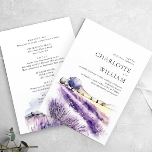 Watercolor Lavender Field Wedding All In One Invitation