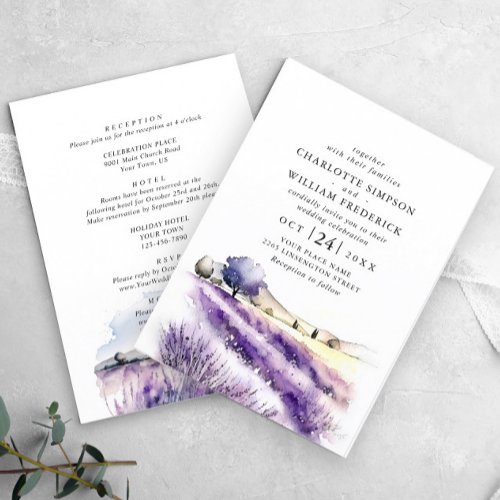 Watercolor Lavender Field Wedding All In One Invitation