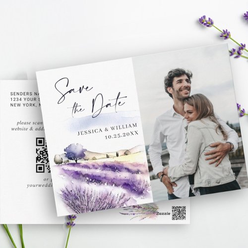 Watercolor Lavender Field Wedding Save the Date Postcard