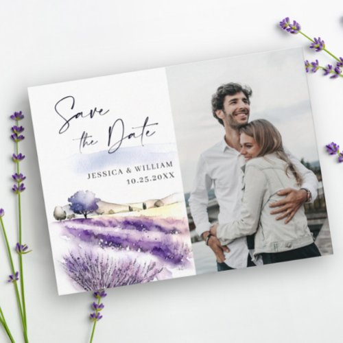 Watercolor Lavender Field Wedding Save the Date Postcard