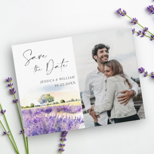 Watercolor Lavender Field Wedding Save the Date Postcard