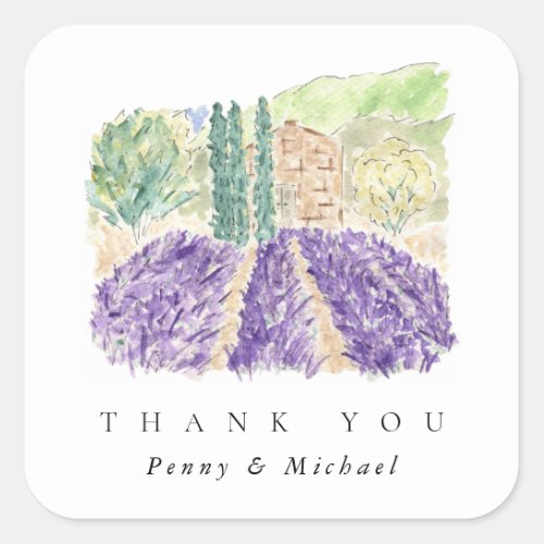 Watercolor Lavender Fields Thank You Favor Square Sticker
