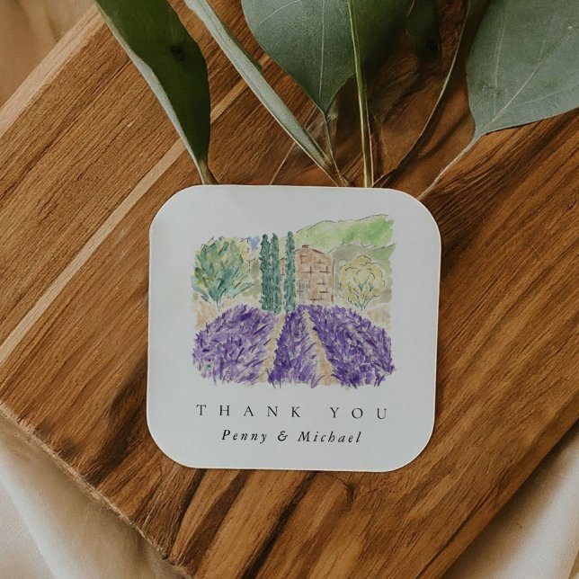 Watercolor Lavender Fields Thank You Favor Square Sticker (Watercolor Lavender Fields Thank You Favor Square Sticker)